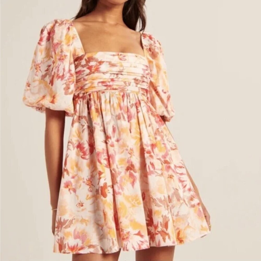 Abercrombie & Fitch | Emerson Poplin Puff Sleeve Mini Dress Orange Floral Size M - Picture 2 of 11